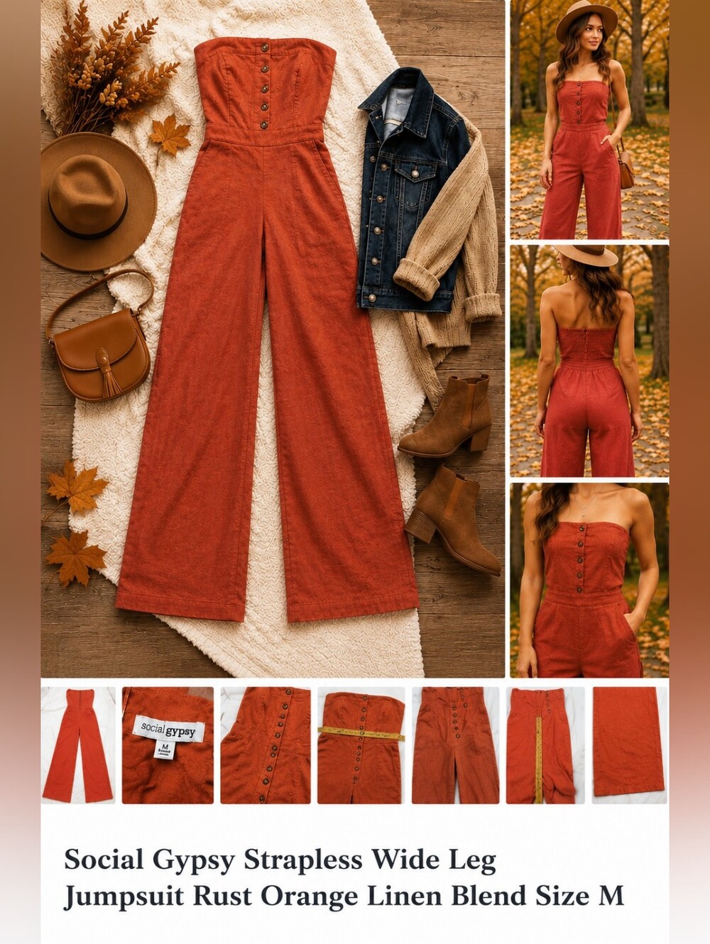 Social Gypsy Strapless Wide Leg Jumpsuit Rust Orange Linen Blend Size M